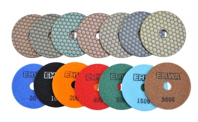 Алмазные гибкие шлифовальные круги EHWA Hexagonal Pads 7-STEP №50 D100 Алмазные гибкие шлифовальные круги EHWA Hexagonal Pads 7-STEP №50 D100